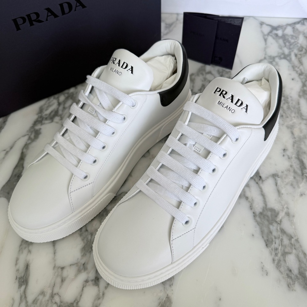 Prada Women White Leather Low Top Sneakers Black Heel Tab 1E621M Size US 9.5